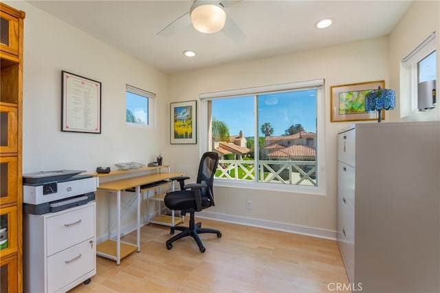15535 Mallory Ct, Moorpark, CA 93021 - office featuring a ceiling fan, light wood finished floors, and recessed lighting