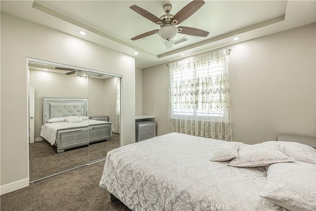 4664 Quartz Hill Rd, Quartz Hill, CA 93536 - bedroom featuring a closet, a tray ceiling, recessed lighting, carpet flooring, and ceiling fan