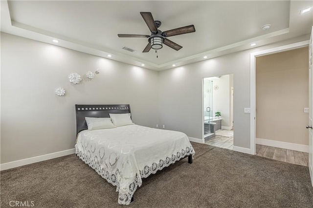 4664 Quartz Hill Rd, Quartz Hill, CA 93536 - bedroom featuring recessed lighting, carpet, ensuite bathroom, a tray ceiling, and a ceiling fan