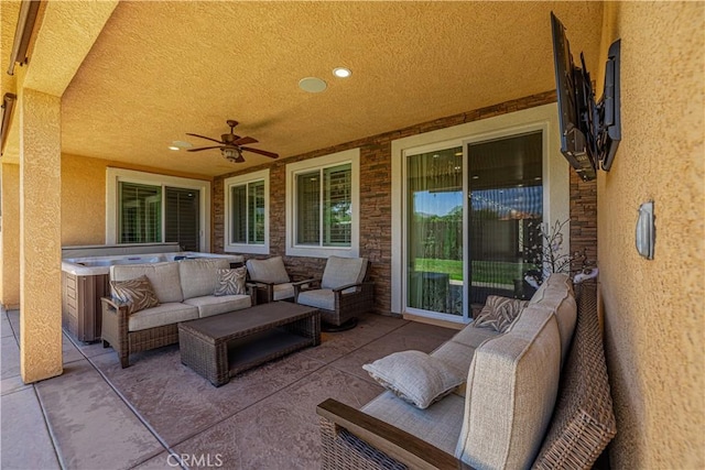 4664 Quartz Hill Rd, Quartz Hill, CA 93536 - view of patio / terrace featuring a ceiling fan, a hot tub, and an outdoor hangout area