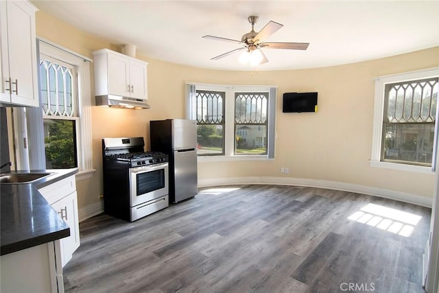 1703 Toberman St, Los Angeles, CA 90015 - kitchen featuring appliances with stainless steel finishes, under cabinet range hood, healthy amount of natural light, and white cabinets
