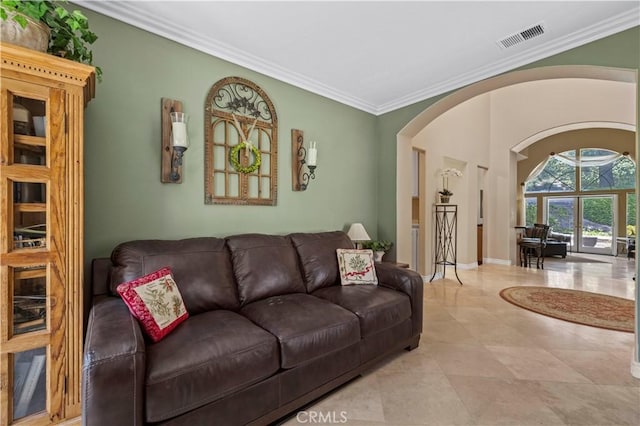 71 Via Barcaza, Coto De Caza, CA 92679 - tiled living room featuring arched walkways and ornamental molding