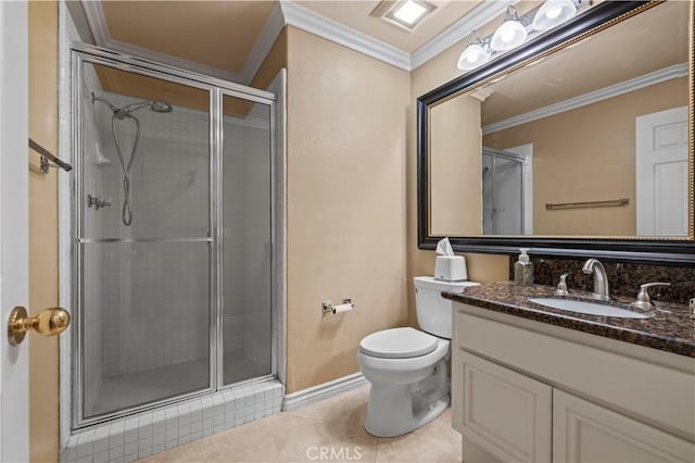 71 Via Barcaza, Coto De Caza, CA 92679 - full bathroom with crown molding, vanity, a shower stall, and tile patterned floors