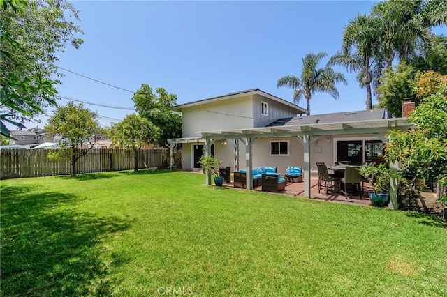 8042 Driftwood Dr, Huntington Beach, CA 92646 - rear view of house featuring outdoor lounge area, a pergola, a fenced backyard, a chimney, and a patio area