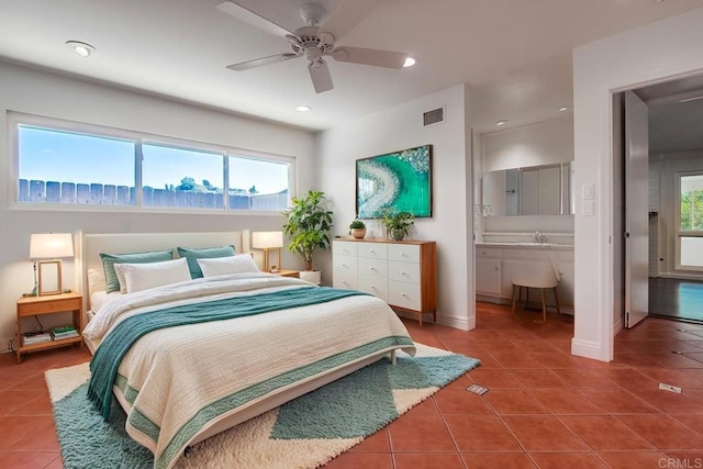 12919 Evalyn Pl, Poway, CA 92064 - bedroom with tile patterned floors, multiple windows, recessed lighting, and ceiling fan