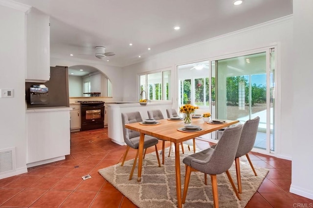 12919 Evalyn Pl, Poway, CA 92064 - dining area featuring a ceiling fan, light tile patterned flooring, crown molding, and recessed lighting