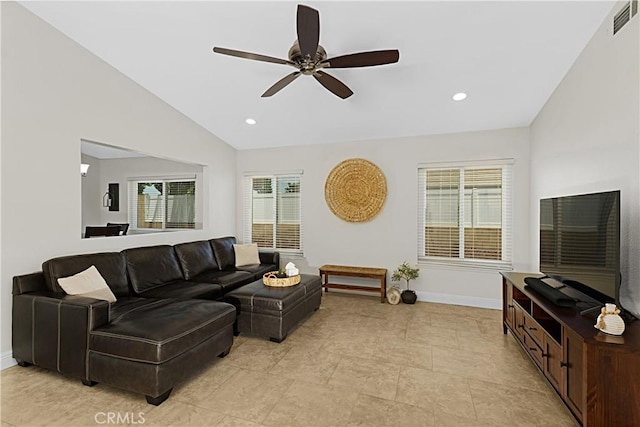 4004 Polk Ct, Chino, CA 91710 - living room featuring a ceiling fan, lofted ceiling, and recessed lighting