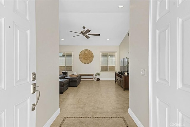 4004 Polk Ct, Chino, CA 91710 - foyer featuring ceiling fan, light tile patterned floors, and recessed lighting