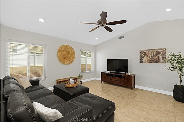 4004 Polk Ct, Chino, CA 91710 - living area featuring lofted ceiling, a ceiling fan, recessed lighting, and light tile patterned floors