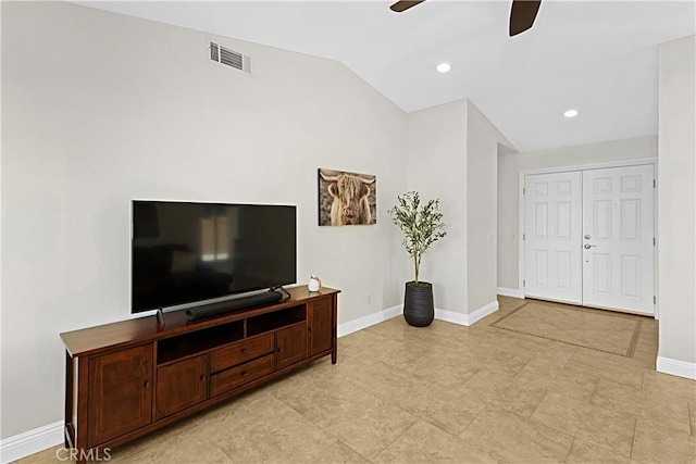 4004 Polk Ct, Chino, CA 91710 - living area featuring a ceiling fan, lofted ceiling, and recessed lighting