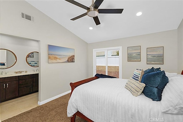 4004 Polk Ct, Chino, CA 91710 - bedroom featuring ensuite bathroom, light colored carpet, vaulted ceiling, recessed lighting, and ceiling fan
