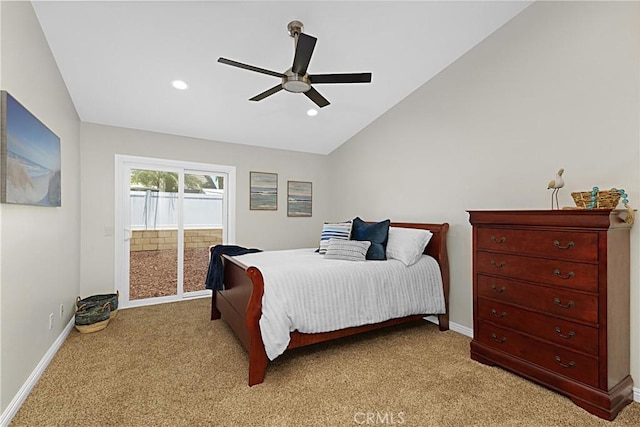 4004 Polk Ct, Chino, CA 91710 - bedroom with access to outside, light colored carpet, vaulted ceiling, recessed lighting, and ceiling fan