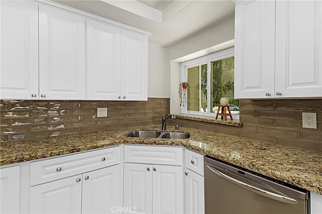 4004 Polk Ct, Chino, CA 91710 - kitchen with stainless steel dishwasher, tasteful backsplash, white cabinetry, and stone counters