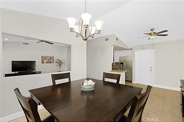 4004 Polk Ct, Chino, CA 91710 - dining area featuring ceiling fan, a chandelier, and vaulted ceiling