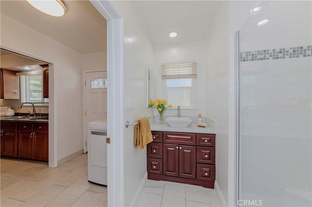 405 W Virginia Ave, Glendora, CA 91741 - full bathroom with vanity, a shower stall, washer / clothes dryer, and recessed lighting