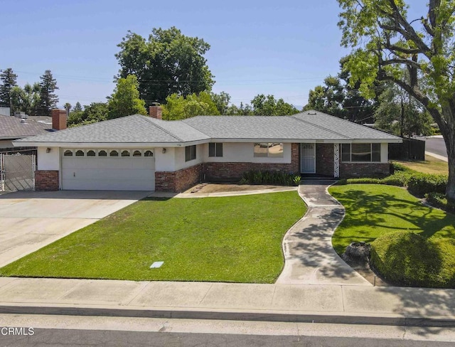 6000 Eugene Pl, Bakersfield, CA 93308 - ranch-style house featuring brick siding, a garage, driveway, and a front yard