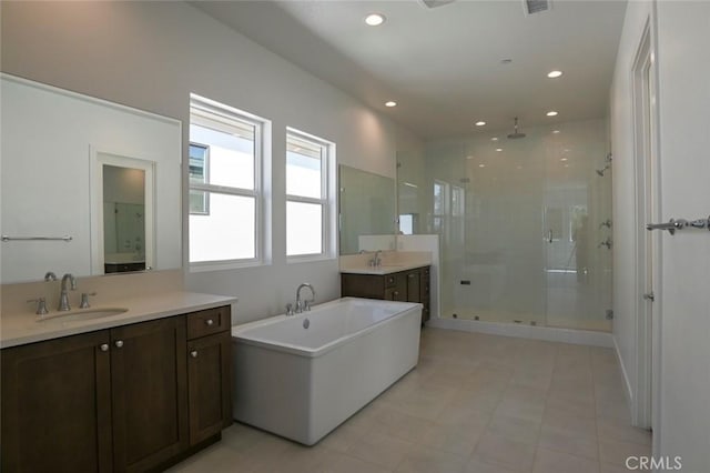 20552 Edgewood Ct, Chatsworth, CA 91311 - full bathroom with a stall shower, two vanities, a freestanding bath, and recessed lighting