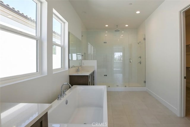 20552 Edgewood Ct, Chatsworth, CA 91311 - bathroom with a shower stall, a tub, vanity, recessed lighting, and tile patterned floors