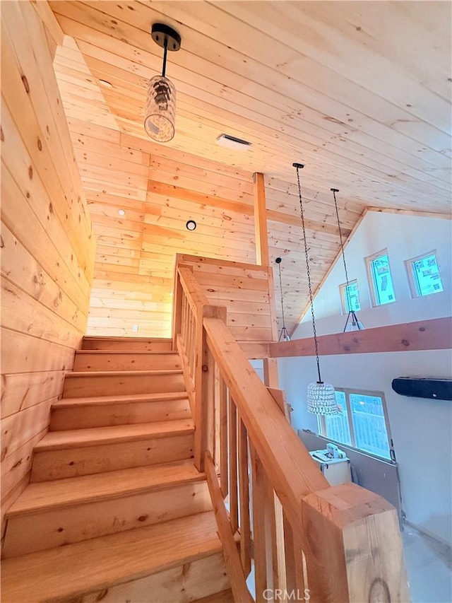 33149 Holcomb Creek Dr, Green Valley Lake, CA 92341 - staircase with wooden ceiling, high vaulted ceiling, and wooden walls