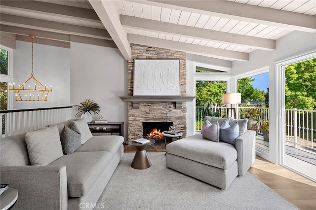 362 Vista Madera, Newport Beach, CA 92660 - living area with wood finished floors, a chandelier, wooden ceiling, and a fireplace