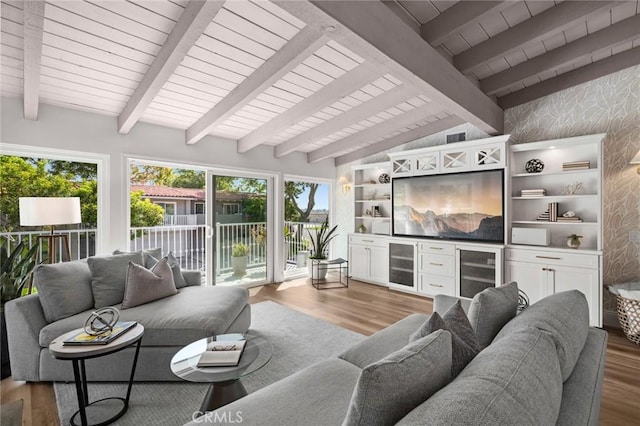 362 Vista Madera, Newport Beach, CA 92660 - living area featuring beverage cooler, wooden ceiling, wood finished floors, and a bar