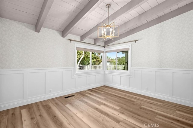 362 Vista Madera, Newport Beach, CA 92660 - spare room with wallpapered walls, a chandelier, a wainscoted wall, light wood finished floors, and a wooden ceiling with exposed beams