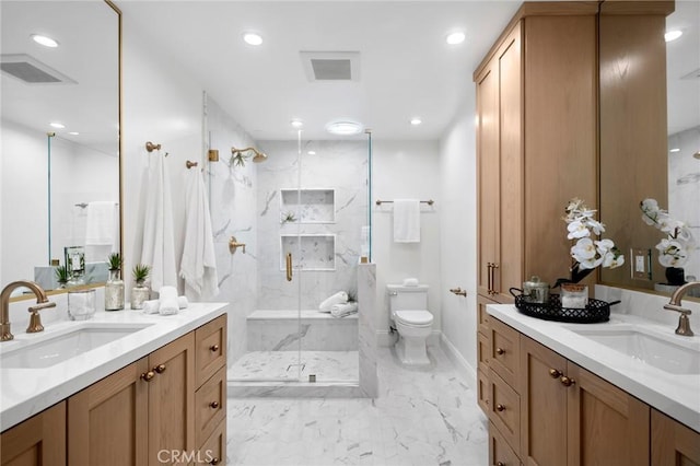 362 Vista Madera, Newport Beach, CA 92660 - full bath featuring a marble finish shower, two vanities, recessed lighting, and marble finish floors