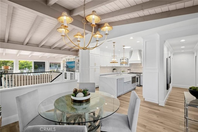 362 Vista Madera, Newport Beach, CA 92660 - dining room with a chandelier, wood ceiling, light wood-style flooring, and recessed lighting