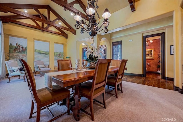 2882 Trovare Ct, Merced, CA 95340 - dining space featuring carpet flooring, beam ceiling, a chandelier, recessed lighting, and high vaulted ceiling