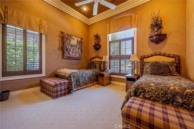 2882 Trovare Ct, Merced, CA 95340 - bedroom with crown molding, carpet floors, and ceiling fan