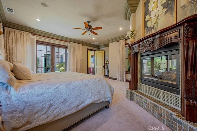 2882 Trovare Ct, Merced, CA 95340 - carpeted bedroom with access to exterior, crown molding, and recessed lighting