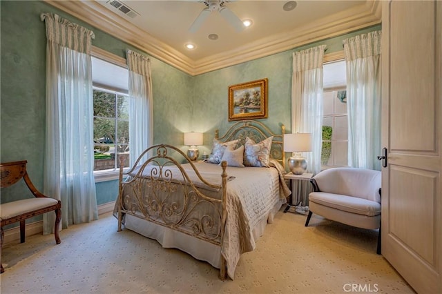 2882 Trovare Ct, Merced, CA 95340 - bedroom with crown molding, light colored carpet, and ceiling fan