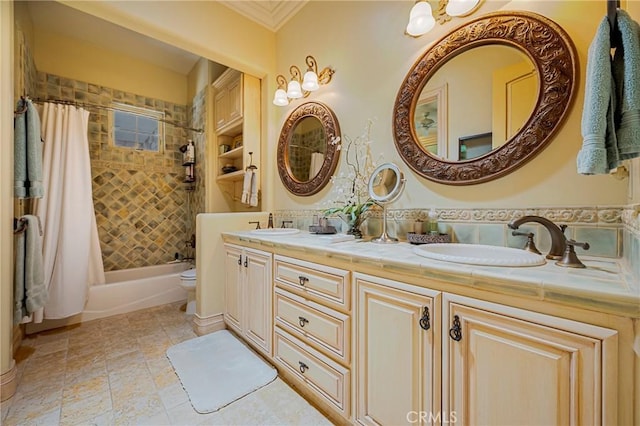 2882 Trovare Ct, Merced, CA 95340 - bathroom with shower / tub combo with curtain, double vanity, and crown molding