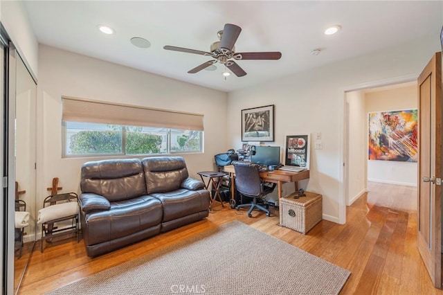 4510 S Mullen Ave, View Park, CA 90043 - office area featuring light wood-style flooring, ceiling fan, and recessed lighting