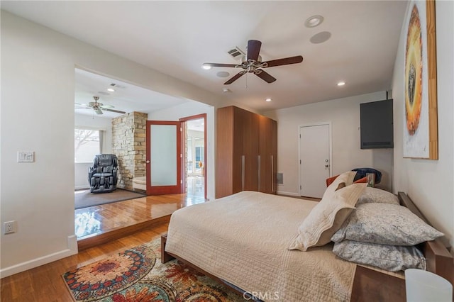 4510 S Mullen Ave, View Park, CA 90043 - bedroom featuring wood finished floors, recessed lighting, and ceiling fan