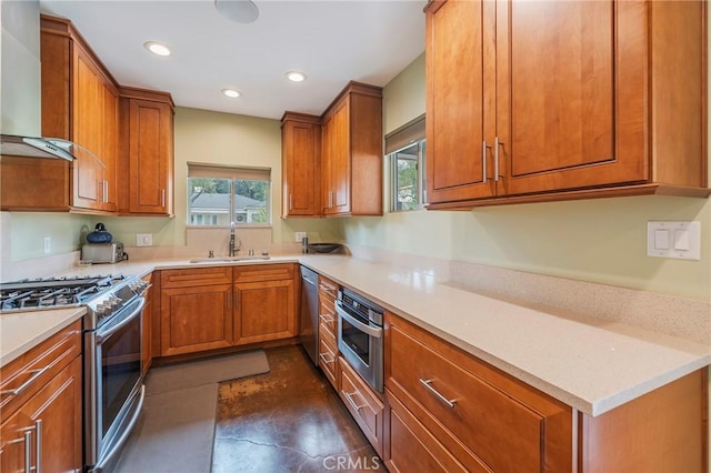 4510 S Mullen Ave, View Park, CA 90043 - kitchen with wall chimney range hood, stainless steel appliances, brown cabinetry, concrete floors, and light countertops