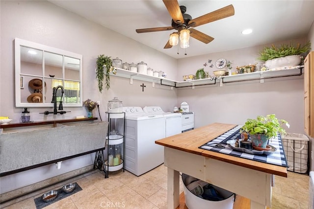 4742 Crow Rd, Oakdale, CA 95361 - laundry room featuring washer and dryer, a ceiling fan, light tile patterned floors, and recessed lighting