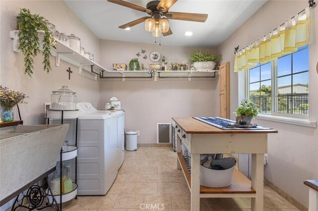 4742 Crow Rd, Oakdale, CA 95361 - laundry area with ceiling fan, washer and clothes dryer, and recessed lighting