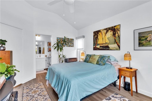 2 Daytona Unit 129, Laguna Niguel, CA 92677 - bedroom featuring wood finished floors, high vaulted ceiling, ensuite bath, and a ceiling fan