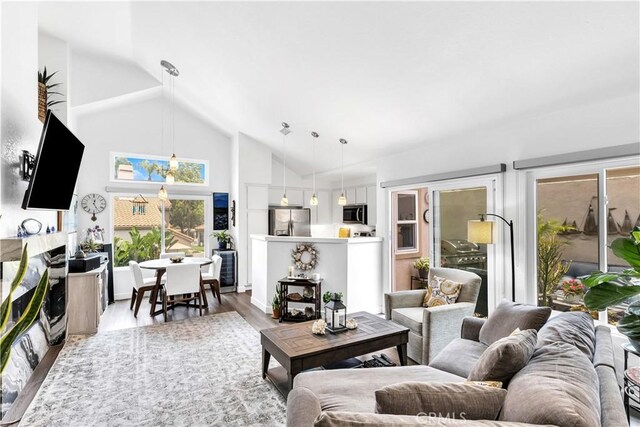 2 Daytona Unit 129, Laguna Niguel, CA 92677 - living area featuring wood finished floors and high vaulted ceiling