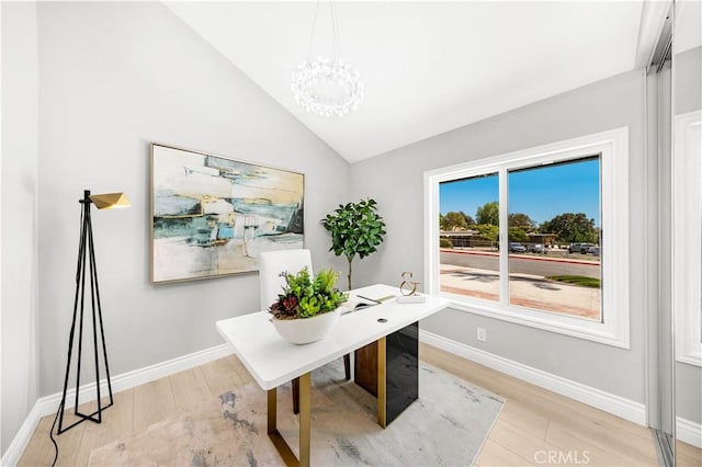25981 Cordillera Dr, Mission Viejo, CA 92691 - office area featuring light wood-style floors, a chandelier, and vaulted ceiling
