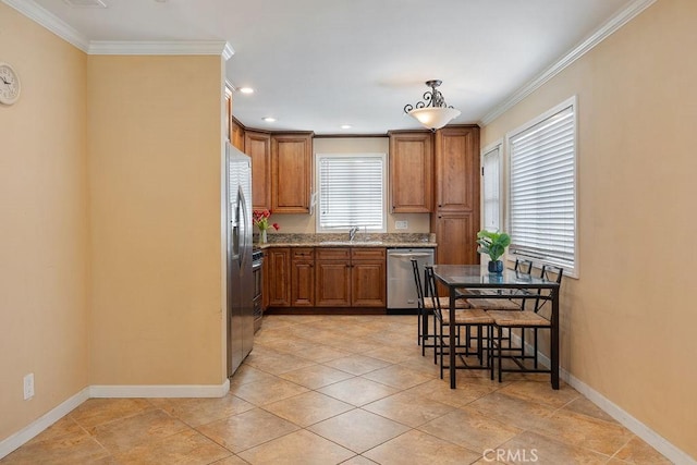 4943 Bresee Ave, Baldwin Park, CA 91706 - kitchen with stainless steel dishwasher, brown cabinetry, ornamental molding, light stone countertops, and recessed lighting
