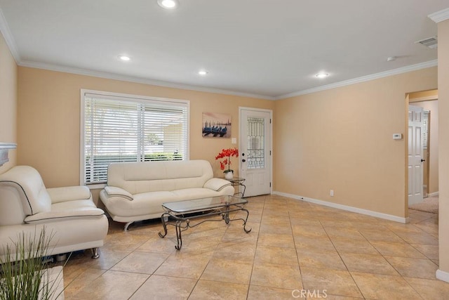 4943 Bresee Ave, Baldwin Park, CA 91706 - living area with crown molding, light tile patterned floors, and recessed lighting