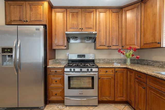 4943 Bresee Ave, Baldwin Park, CA 91706 - kitchen with appliances with stainless steel finishes, under cabinet range hood, brown cabinetry, and light tile patterned floors