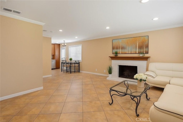 4943 Bresee Ave, Baldwin Park, CA 91706 - living area featuring crown molding, recessed lighting, a fireplace, and light tile patterned flooring