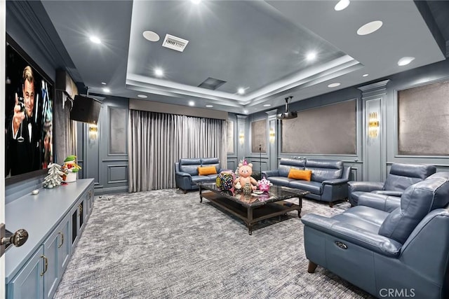 300 W Las Flores Ave, Arcadia, CA 91007 - home theater room featuring a tray ceiling, carpet, recessed lighting, and a decorative wall