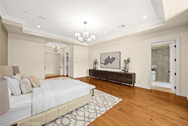 300 W Las Flores Ave, Arcadia, CA 91007 - bedroom with a chandelier, a raised ceiling, wood finished floors, ornamental molding, and recessed lighting