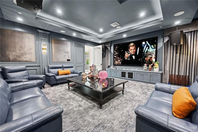 300 W Las Flores Ave, Arcadia, CA 91007 - cinema with a tray ceiling, a decorative wall, and recessed lighting