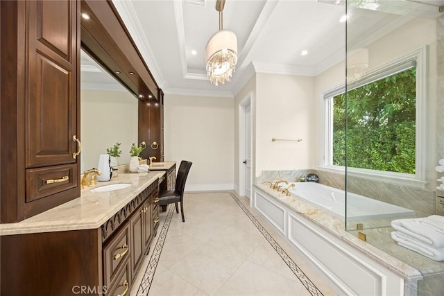 300 W Las Flores Ave, Arcadia, CA 91007 - full bathroom with vanity, inlaid floor details, a bath, a tray ceiling, and crown molding