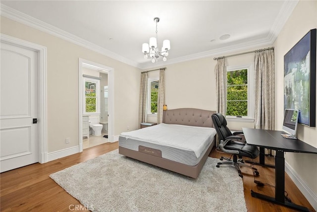 300 W Las Flores Ave, Arcadia, CA 91007 - bedroom with a chandelier, ornamental molding, wood finished floors, an office area, and ensuite bathroom